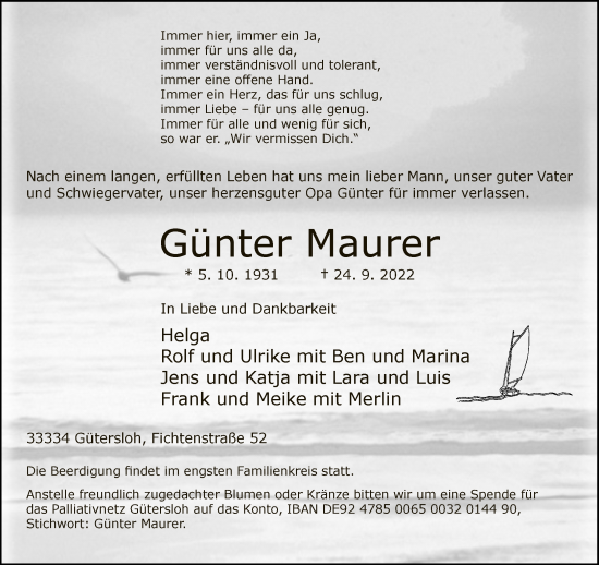 Traueranzeige von Günter Maurer von Neue Westfälische