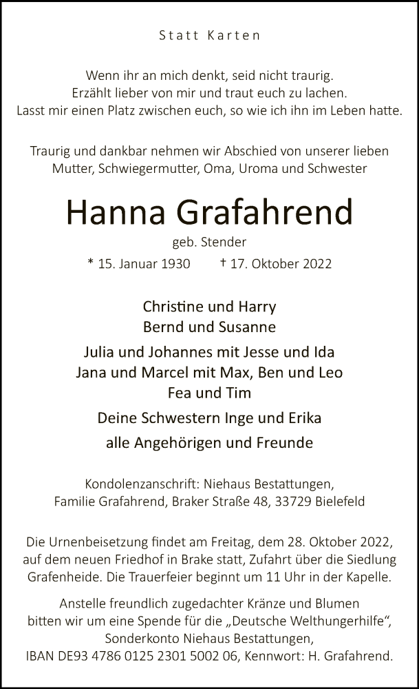  Traueranzeige für Hanna Grafahrend vom 22.10.2022 aus Neue Westfälische