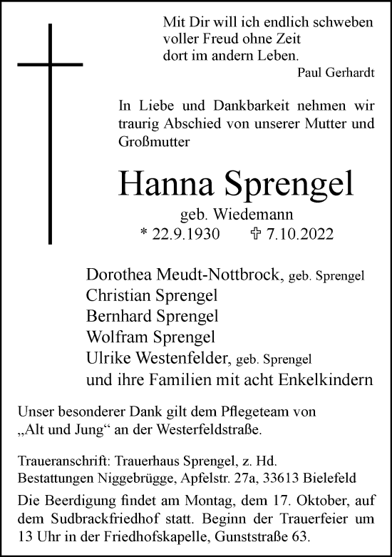 Traueranzeige von Hanna Sprengel von Neue Westfälische