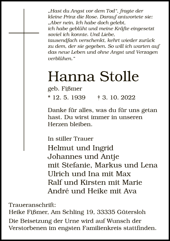 Traueranzeige von Hanna Stolle von Neue Westfälische