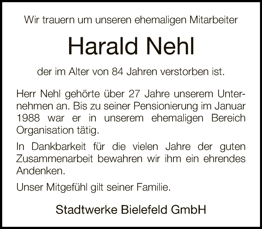  Traueranzeige für Harald Nehl vom 28.10.2022 aus Neue Westfälische