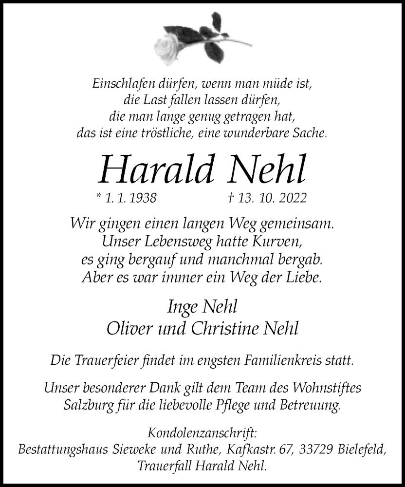  Traueranzeige für Harald Nehl vom 22.10.2022 aus Neue Westfälische