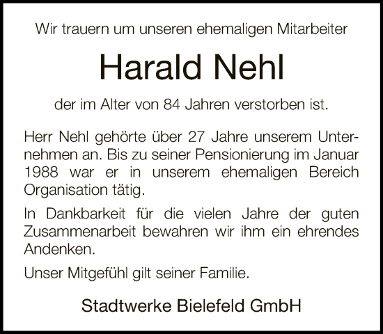 Traueranzeige von Harald Nehl von Neue Westfälische