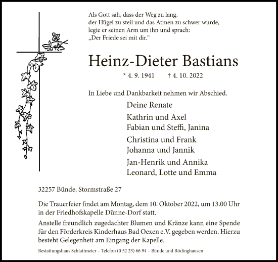 Traueranzeige von Heinz-Dieter Bastians von Neue Westfälische