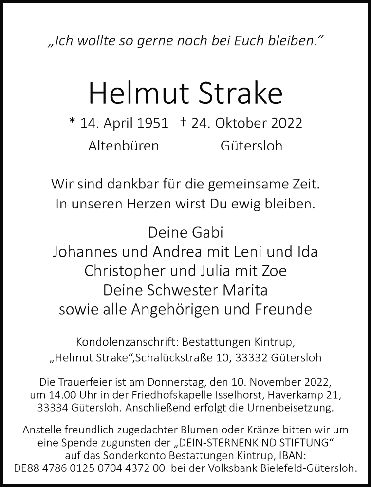  Traueranzeige für Helmut Strake vom 29.10.2022 aus Neue Westfälische