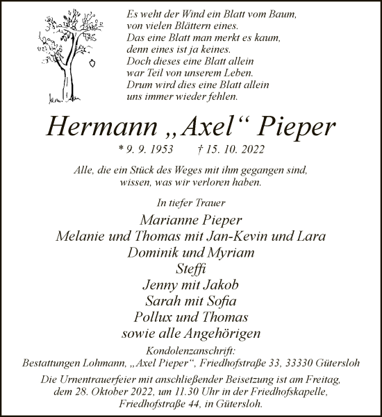 Traueranzeige von Hermann Axel Pieper von Neue Westfälische