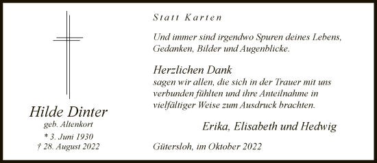 Traueranzeige von Hilde Dinter von Neue Westfälische