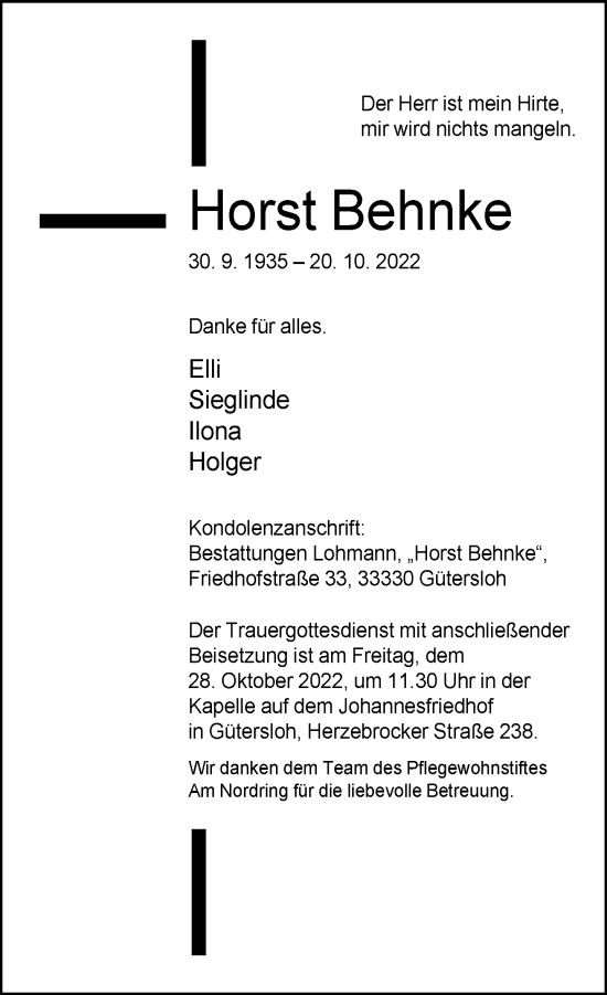 Traueranzeige von Horst Behnke von Neue Westfälische