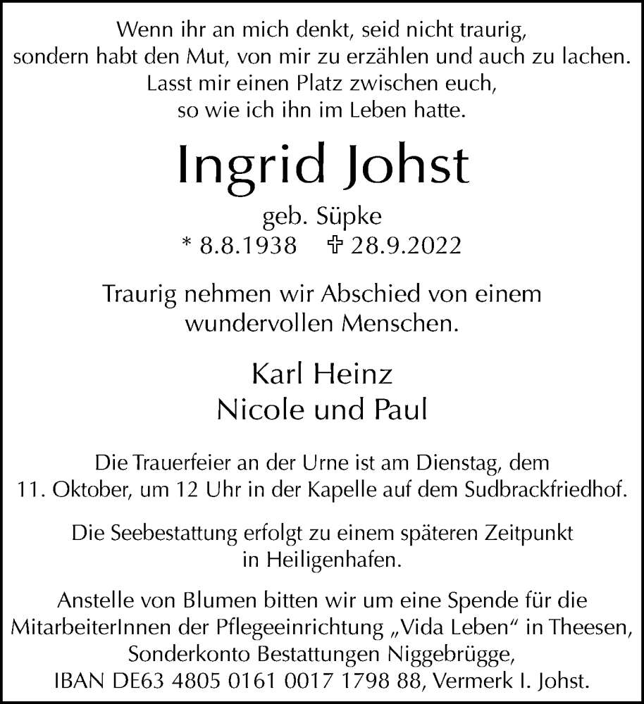  Traueranzeige für Ingrid Johst vom 05.10.2022 aus Neue Westfälische