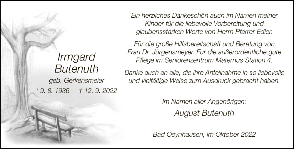  Traueranzeige für Irmgard Butenuth vom 29.10.2022 aus Neue Westfälische