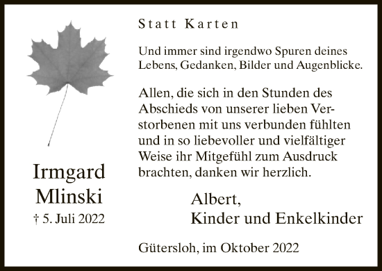 Traueranzeige von Irmgard Mlinski von Neue Westfälische