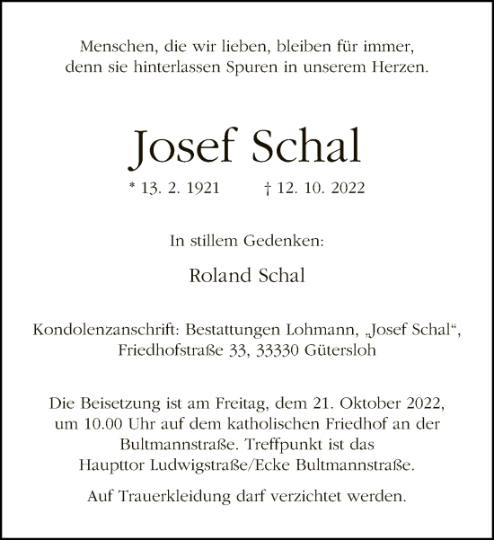 Traueranzeige von Josef Schal von Neue Westfälische