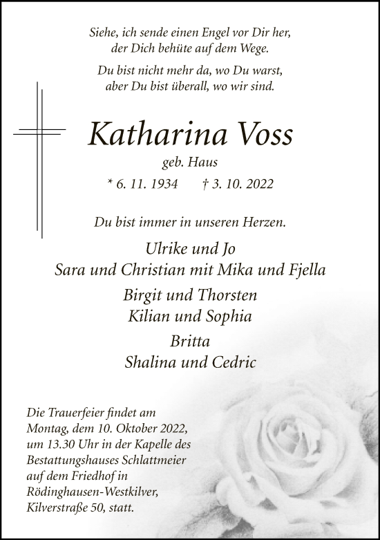Traueranzeige von Katharina Voss von Neue Westfälische