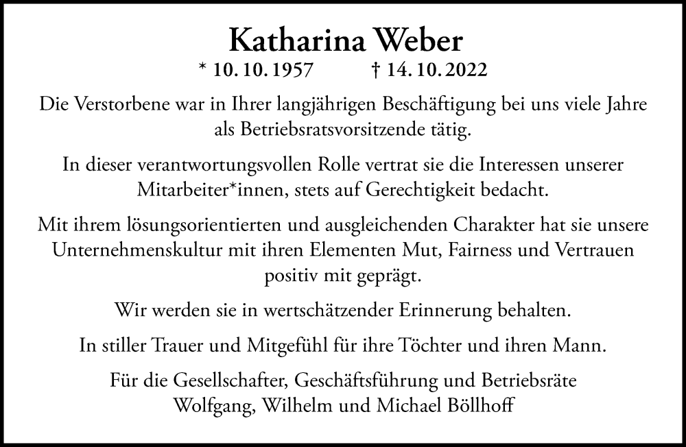  Traueranzeige für Katharina Weber vom 22.10.2022 aus Neue Westfälische