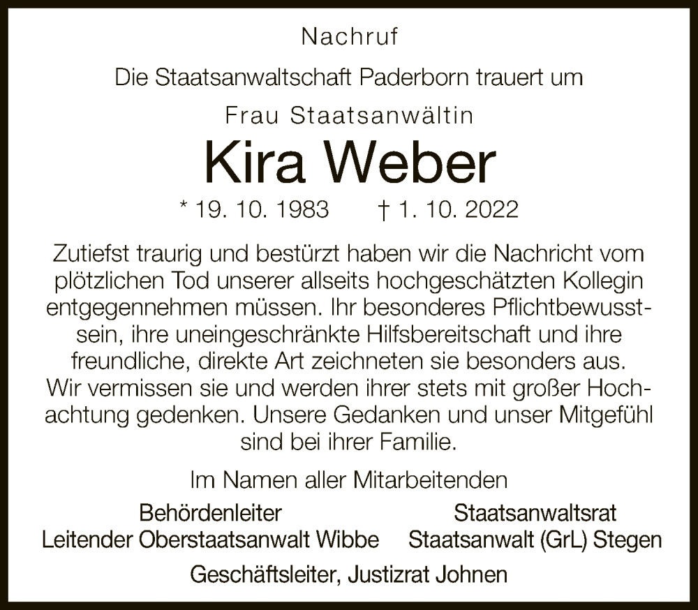  Traueranzeige für Kira Weber vom 11.10.2022 aus Neue Westfälische