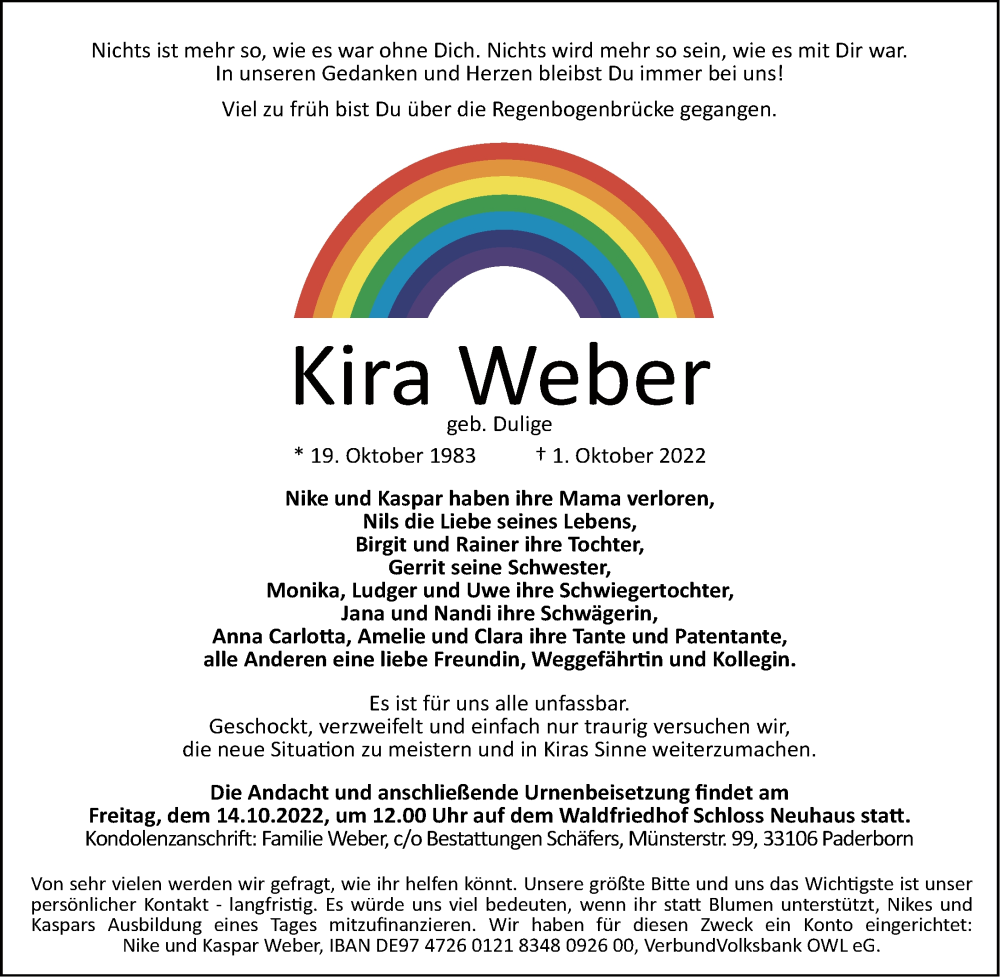  Traueranzeige für Kira Weber vom 08.10.2022 aus Neue Westfälische