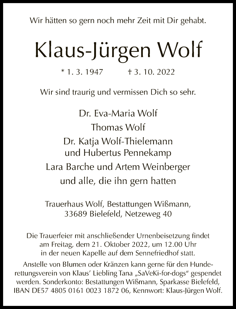  Traueranzeige für Klaus-Jürgen Wolf vom 08.10.2022 aus Neue Westfälische