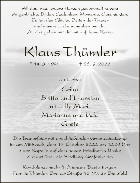 Traueranzeige von Klaus THümler von Neue Westfälische