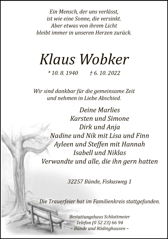  Traueranzeige für Klaus Wobker vom 22.10.2022 aus Neue Westfälische
