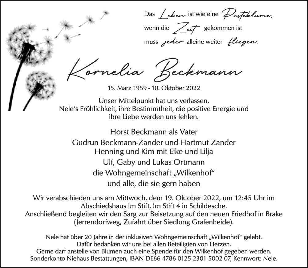  Traueranzeige für Kornelia Beckmann vom 15.10.2022 aus Neue Westfälische