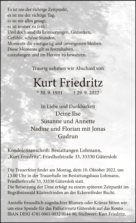 Traueranzeige von Kurt Friedritz von Neue Westfälische