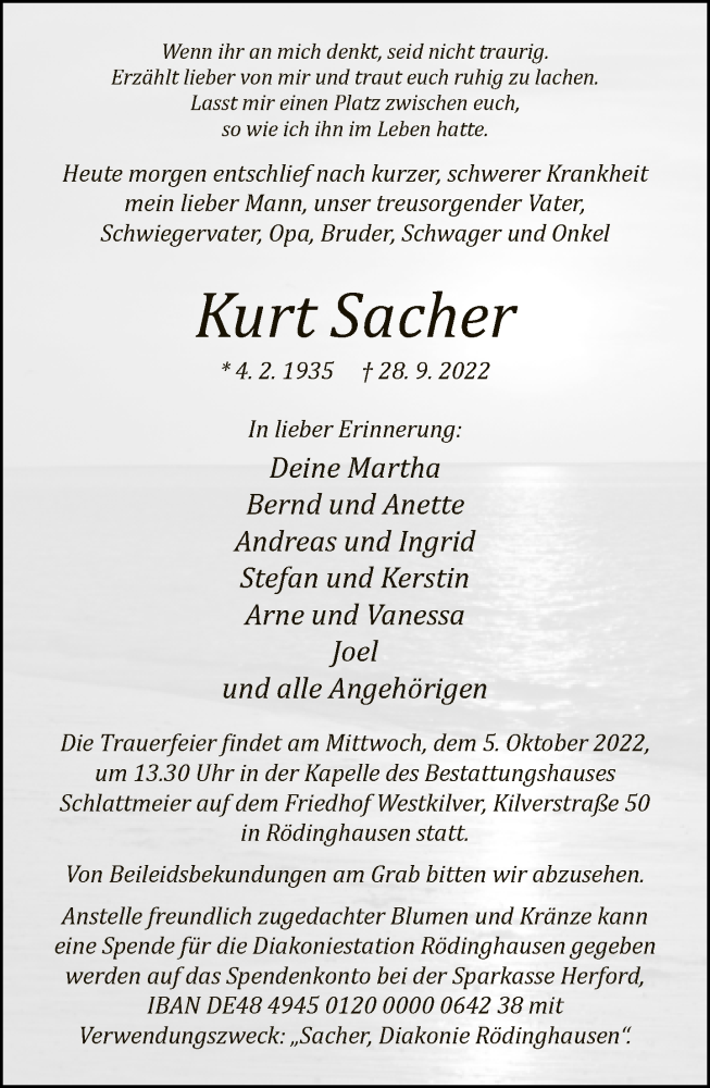  Traueranzeige für Kurt Sacher vom 01.10.2022 aus Neue Westfälische