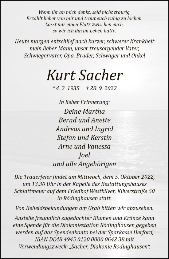 Traueranzeige von Kurt Sacher von Neue Westfälische