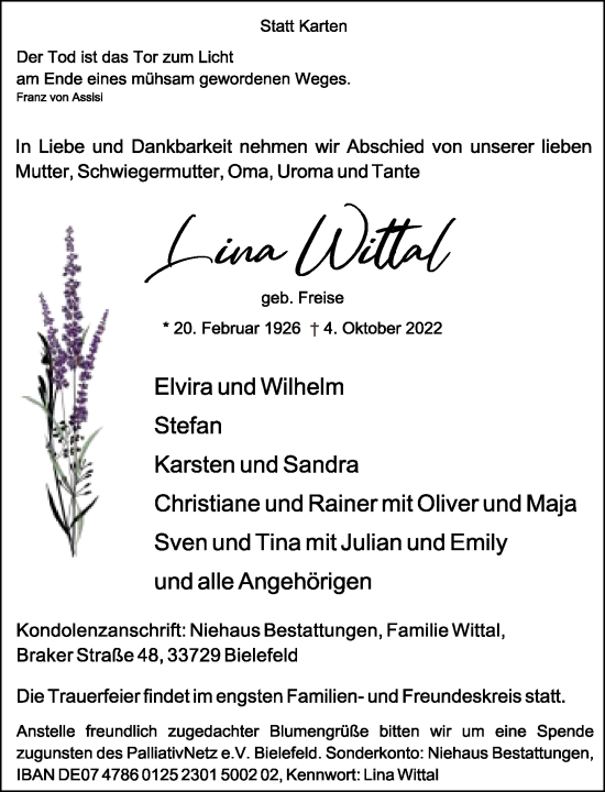 Traueranzeige von Lina Wittal von Neue Westfälische