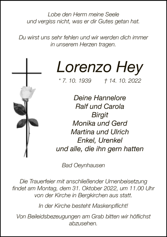 Traueranzeige von Lorenzo Hey von Neue Westfälische