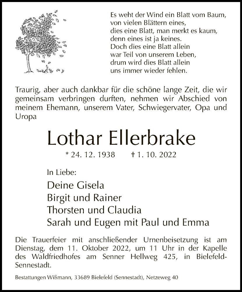  Traueranzeige für Lothar Ellerbrake vom 08.10.2022 aus Neue Westfälische