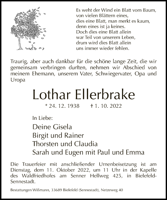 Traueranzeige von Lothar Ellerbrake von Neue Westfälische