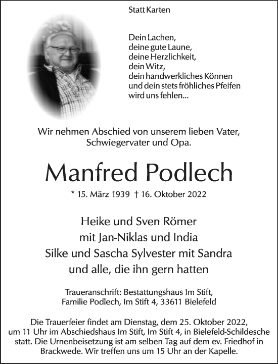 Traueranzeige von Manfred Podlech von Neue Westfälische