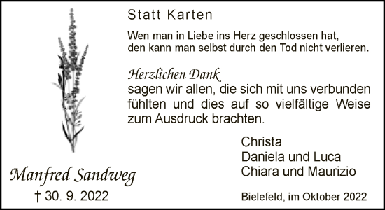 Traueranzeige von Manfred Sandweg von Neue Westfälische