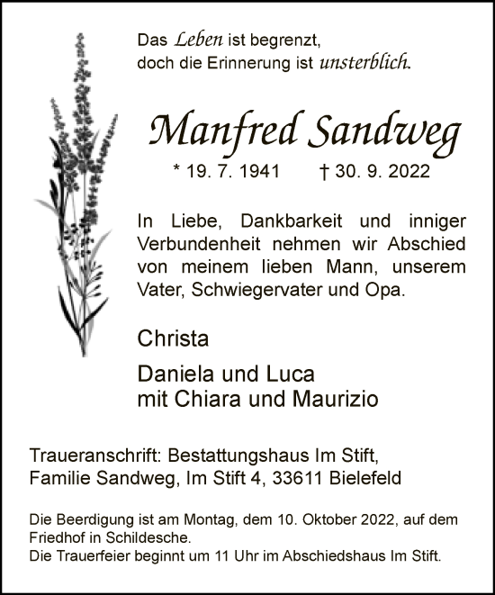 Traueranzeige von Manfred Sandweg von Neue Westfälische