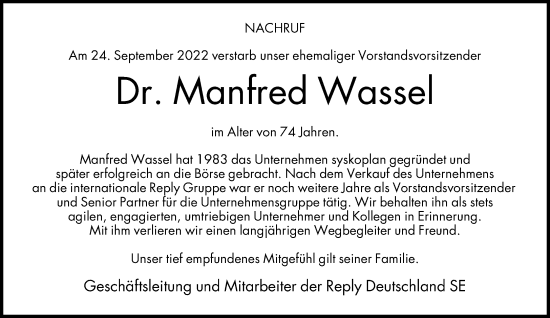 Traueranzeige von Manfred Wassel von Neue Westfälische