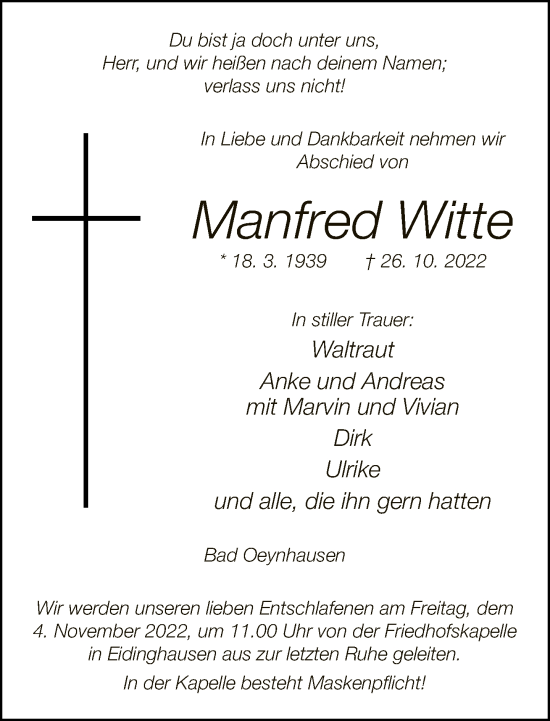 Traueranzeige von Manfred Witte von Neue Westfälische