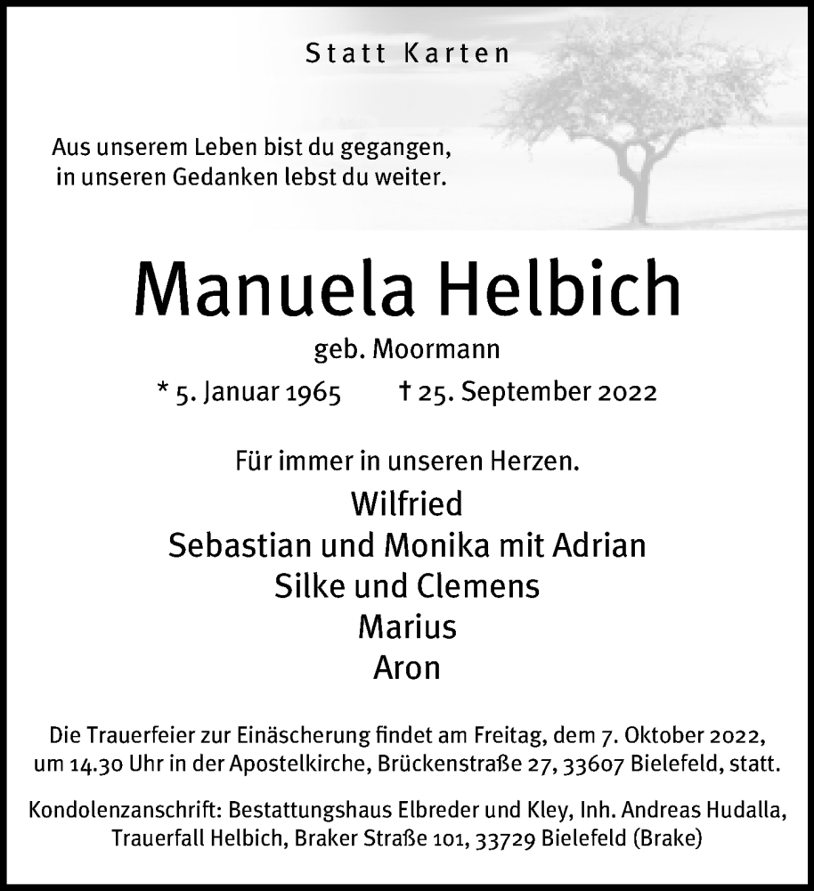  Traueranzeige für Manuela Helbich vom 01.10.2022 aus Neue Westfälische