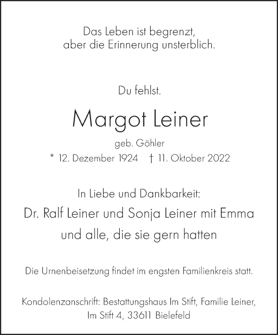 Traueranzeige von Margot Leiner von Neue Westfälische