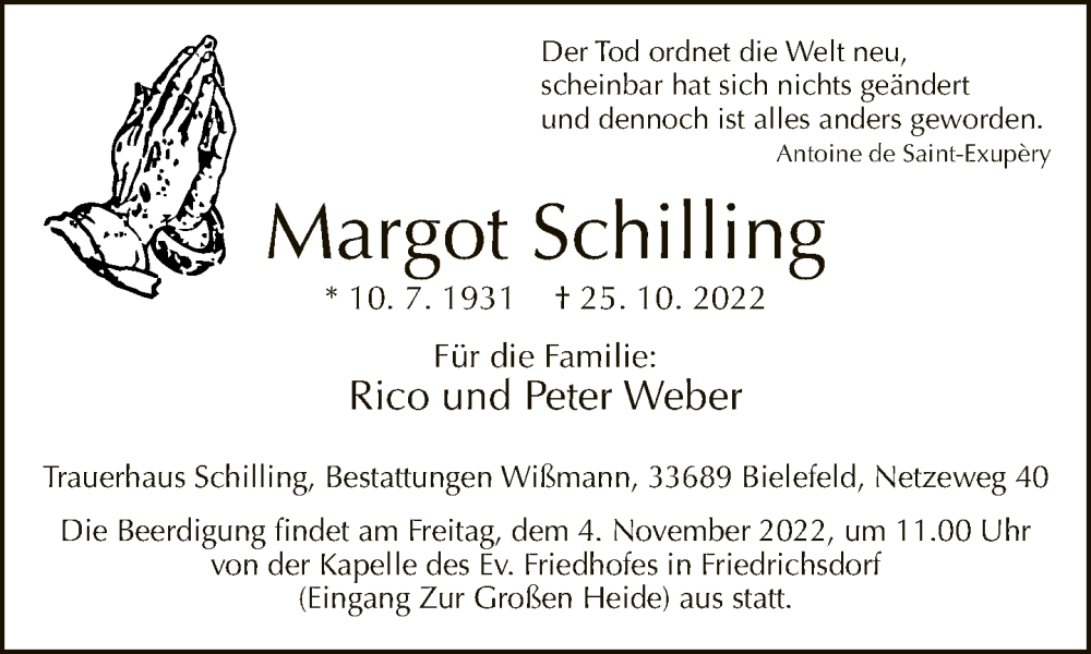 Traueranzeige für Margot Schilling vom 29.10.2022 aus Neue Westfälische