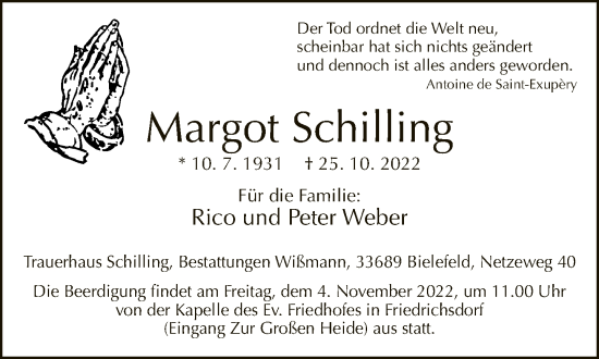 Traueranzeige von Margot Schilling von Neue Westfälische