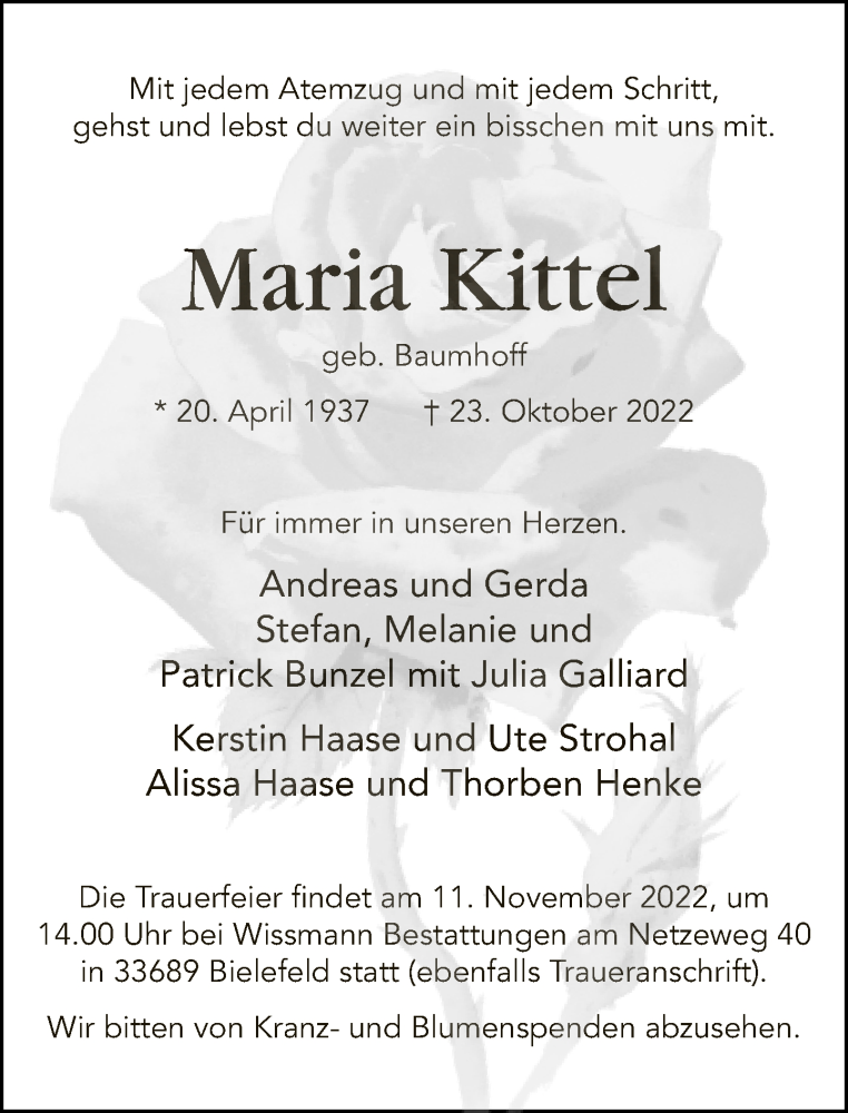  Traueranzeige für Maria Kittel vom 29.10.2022 aus Neue Westfälische