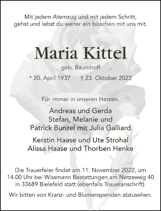 Traueranzeige von Maria Kittel von Neue Westfälische