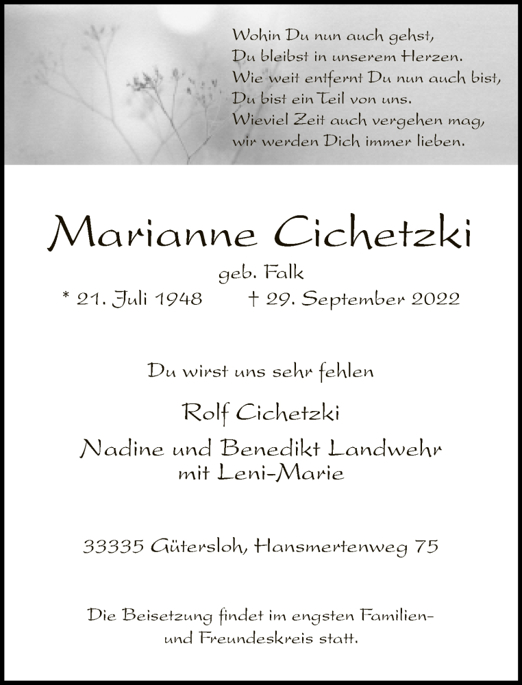  Traueranzeige für Marianne Cichetzki vom 05.10.2022 aus Neue Westfälische