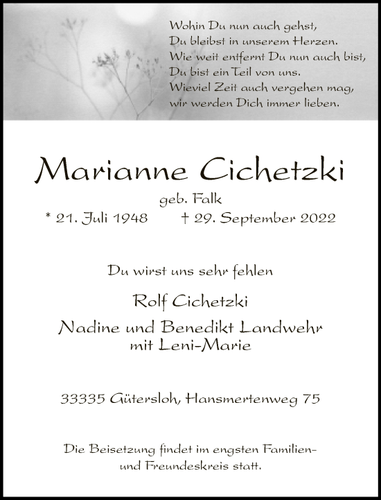 Traueranzeige von Marianne Cichetzki von Neue Westfälische