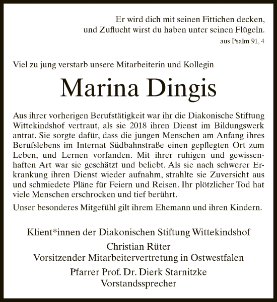 Traueranzeige von Marina Dingis von Neue Westfälische