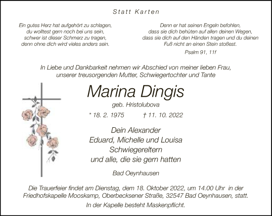 Traueranzeige von Marina Dingis von Neue Westfälische