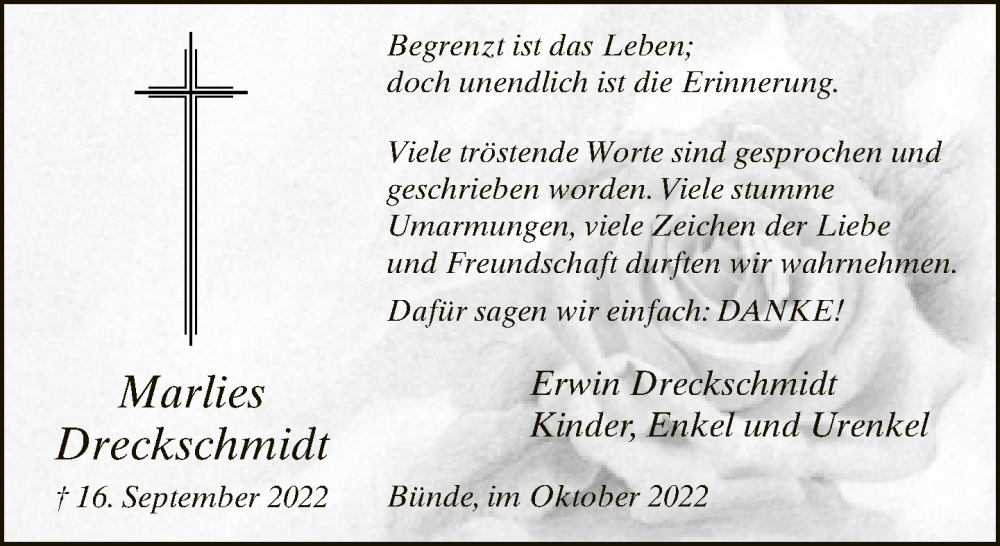  Traueranzeige für Marlies Dreckschmidt vom 19.10.2022 aus Neue Westfälische