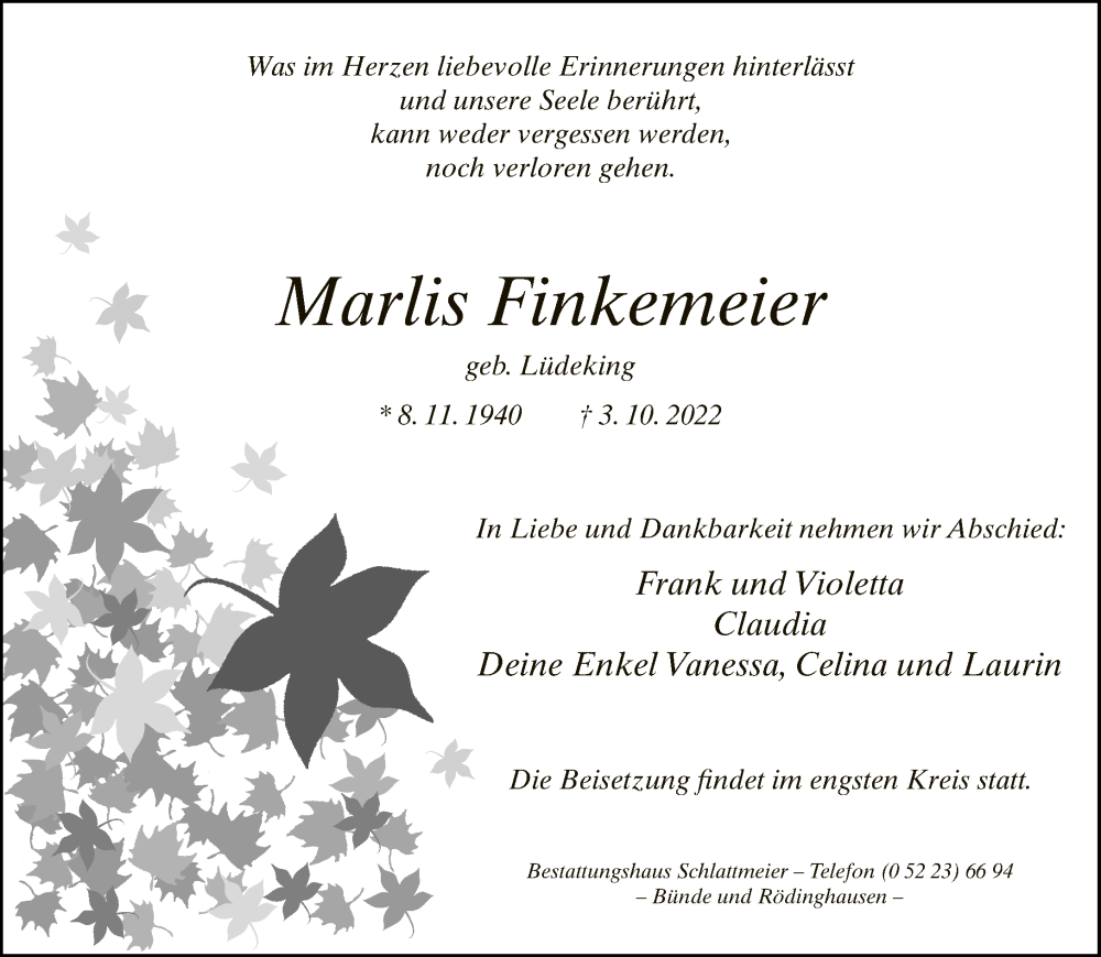  Traueranzeige für Marlis Finkemeier vom 12.10.2022 aus Neue Westfälische