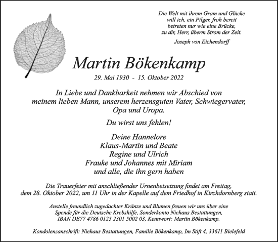 Traueranzeige von Martin Bökenkamp von Neue Westfälische