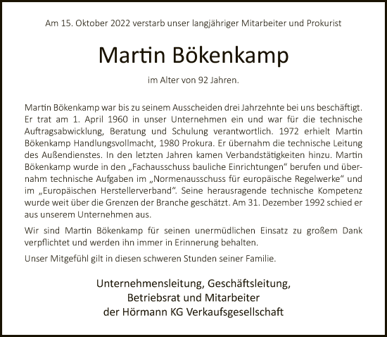 Traueranzeige von Martin Bökenkamp von Neue Westfälische